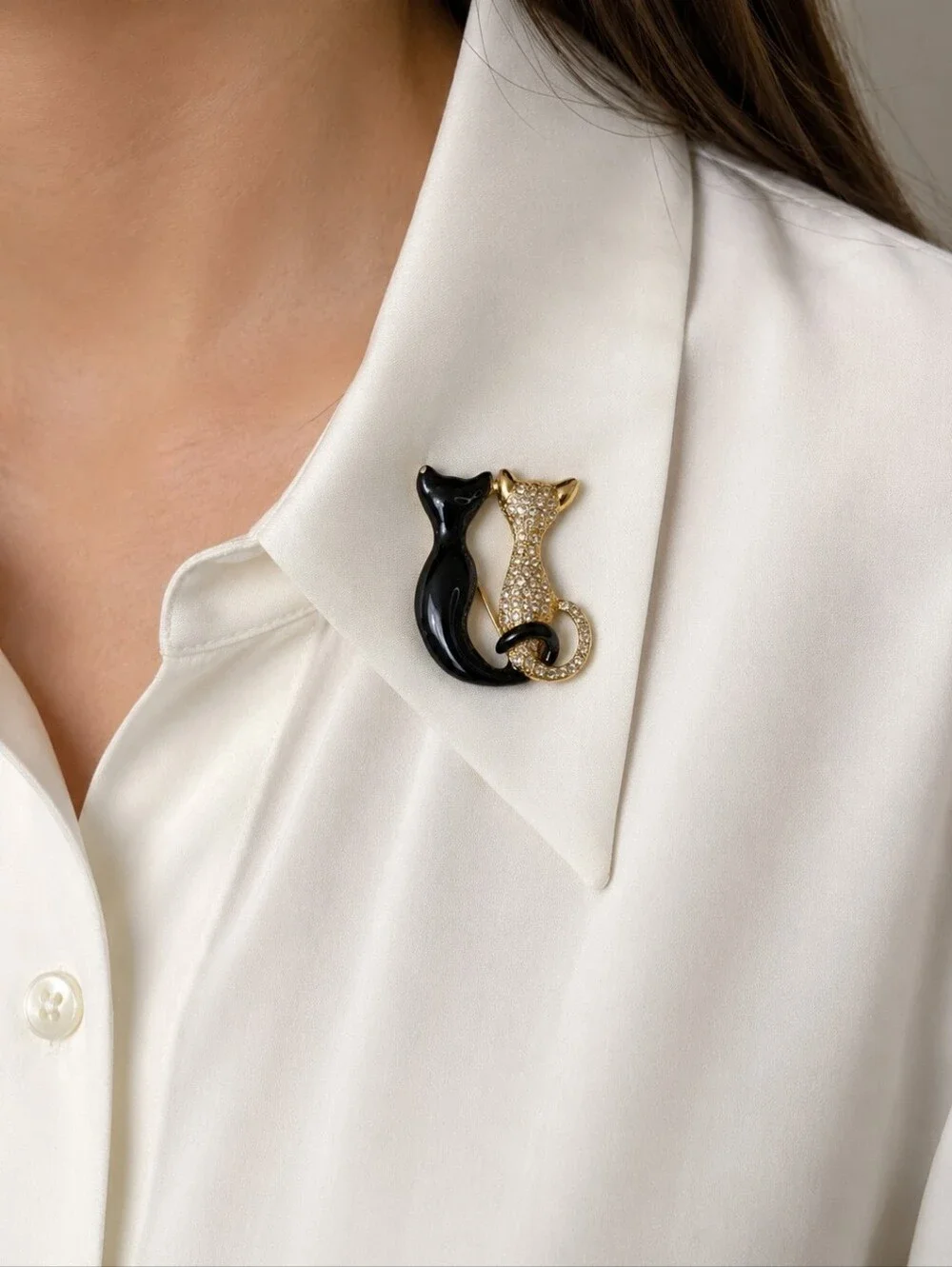 Gold and Black Cat Duo Brooch - Sparkling Rhinestone Cat Pin